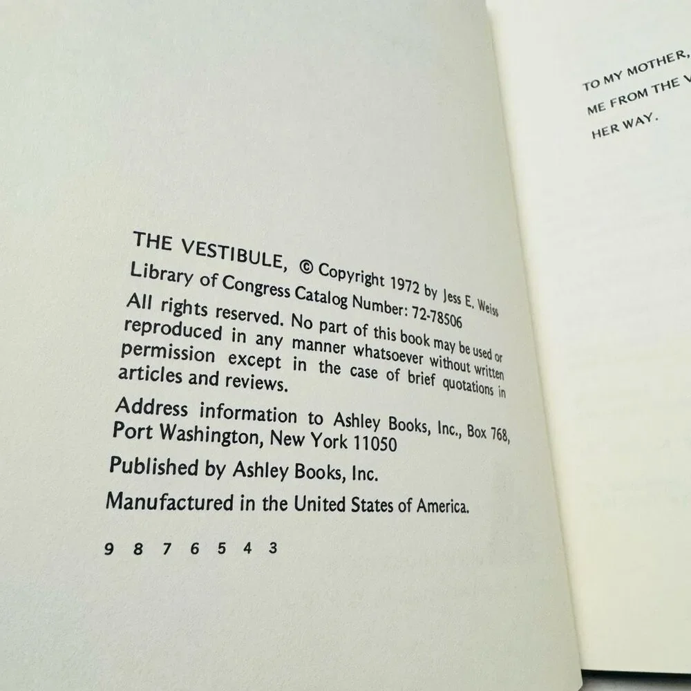 The Vestibule by Jess E Weiss (1972 1st/3rd, Hardcover, DJ )